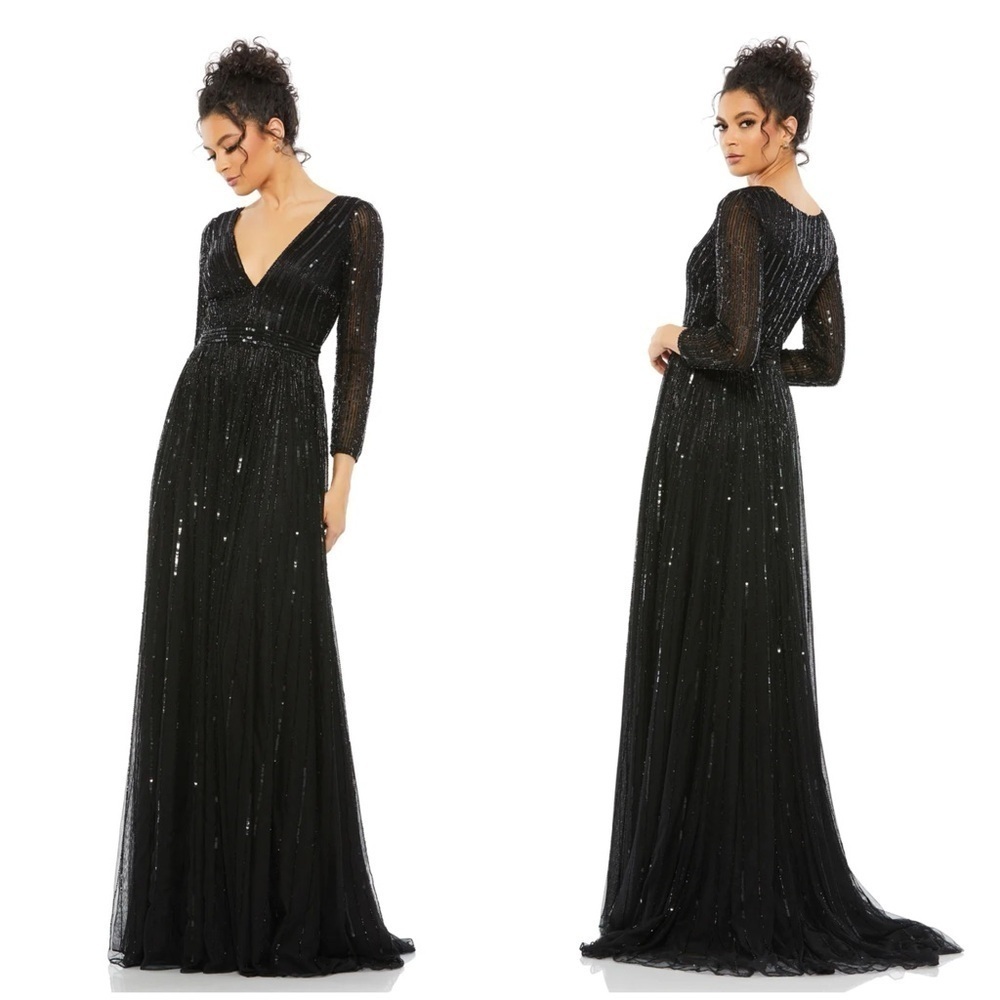 MAC DUGGAL Sequined V Neck Illusion Sleeve A Line Gown
